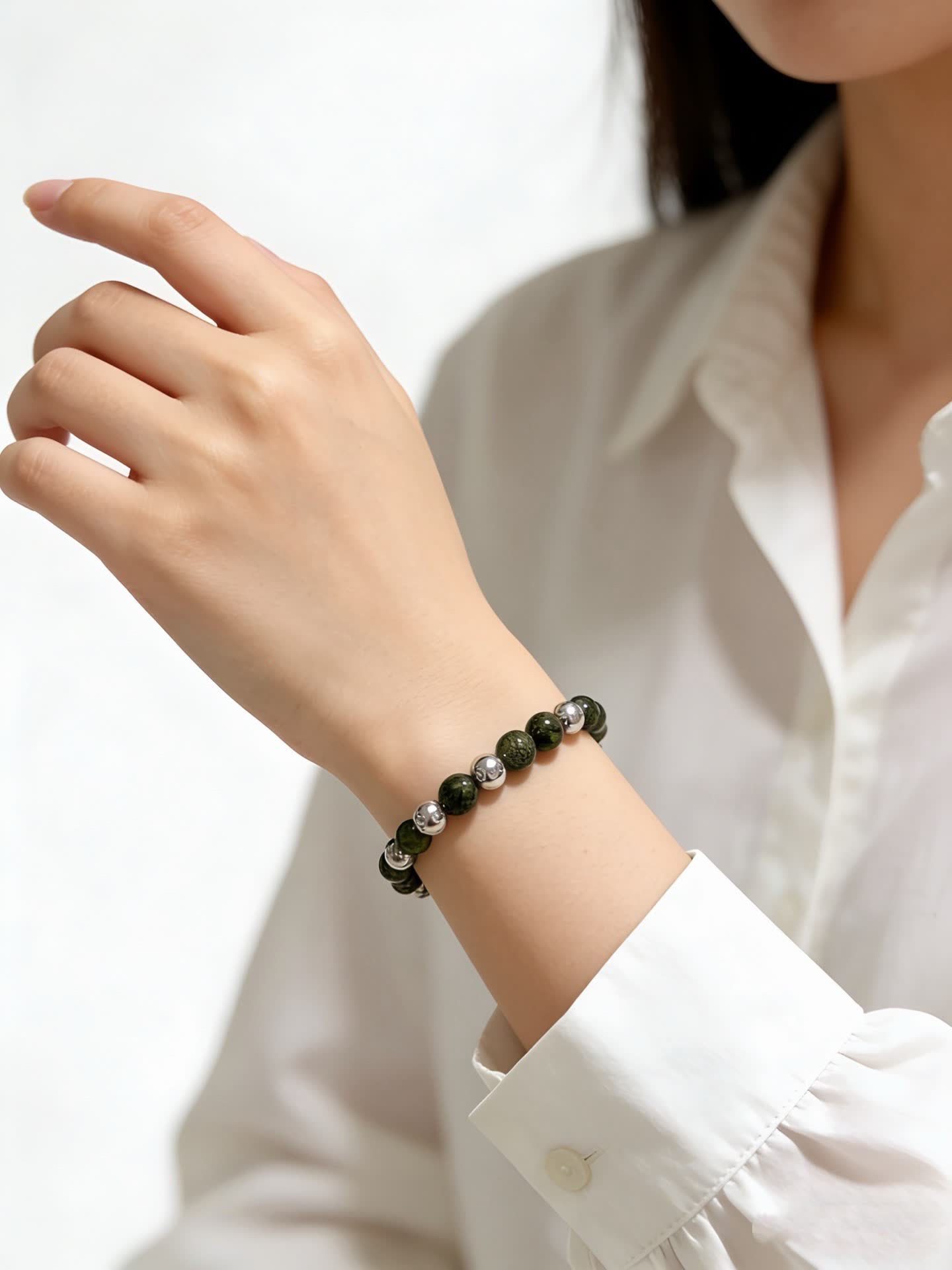 Tiffany & Co Green Stone Beaded Bracelet with Silver Accents